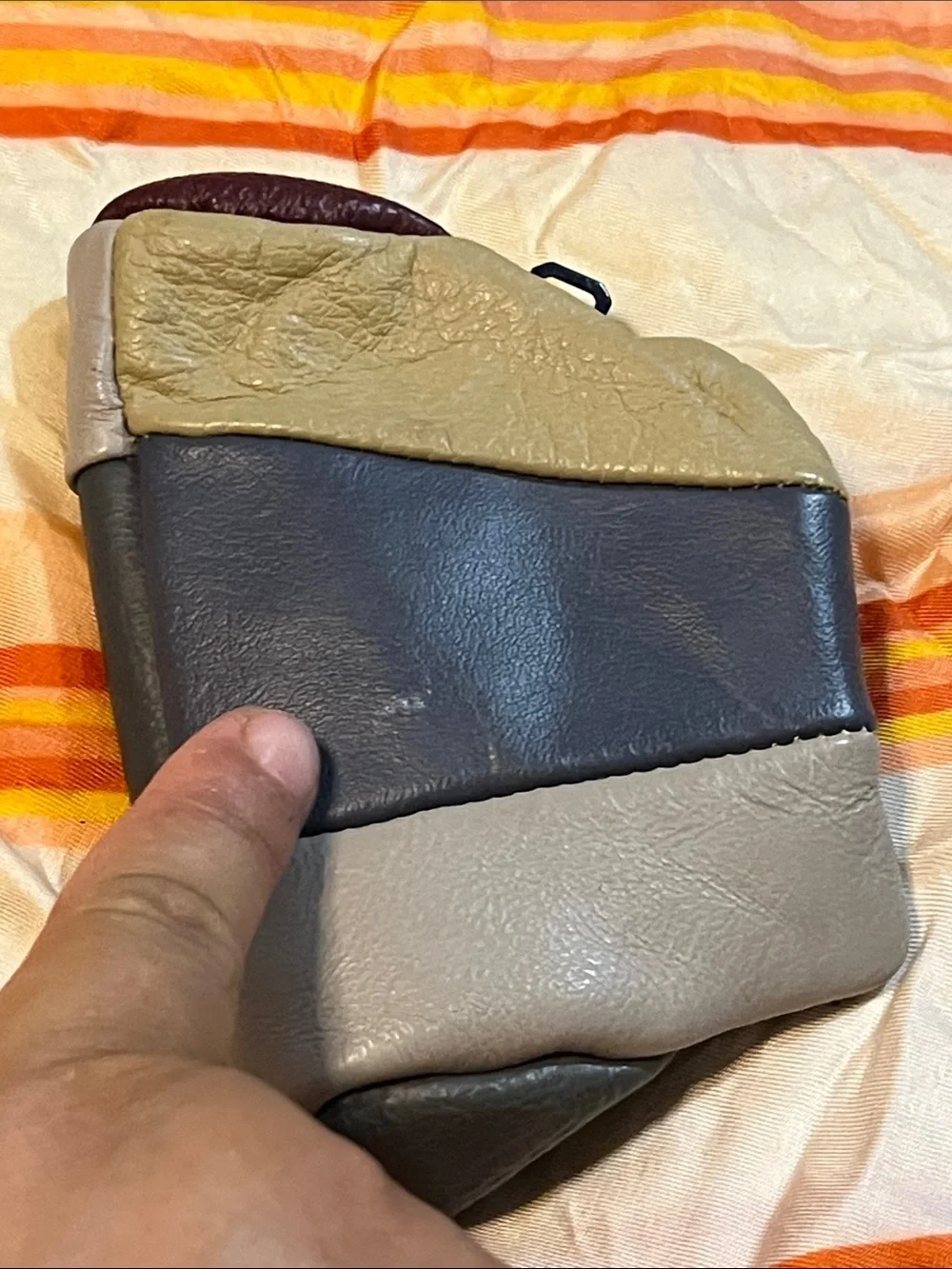 Tri-Color Leather Cosmetic Pouch in Black, Gray and Cream